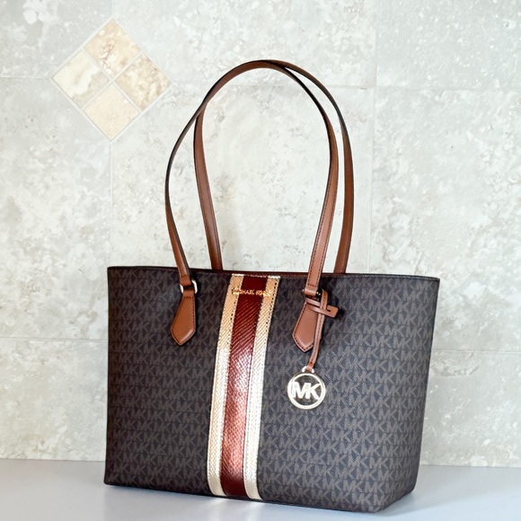 Michael Kors Sheila Large Laptop Tote Shoulder Bag MK Center Stripe Brown - Picture 4 of 12